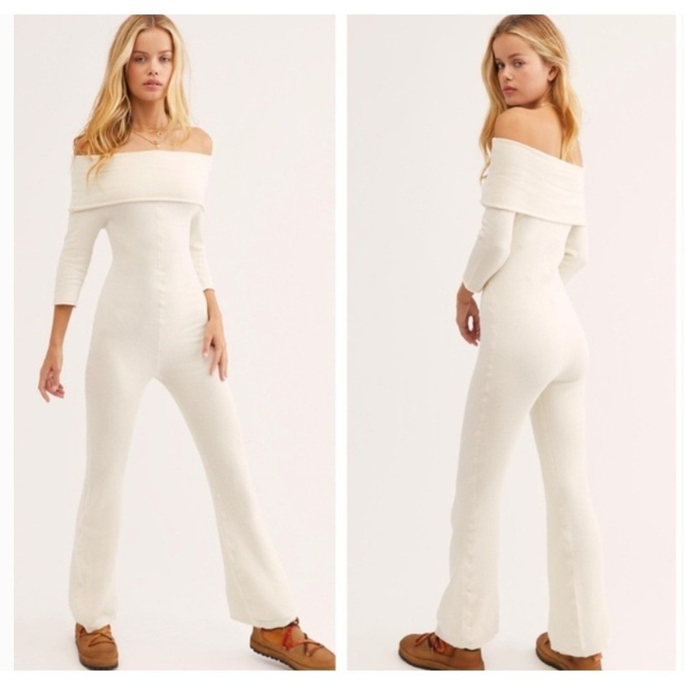Free People Ski BB Onsie Jumper S Beige Ribbed Knit Sweater Bohemian Jumpsuit